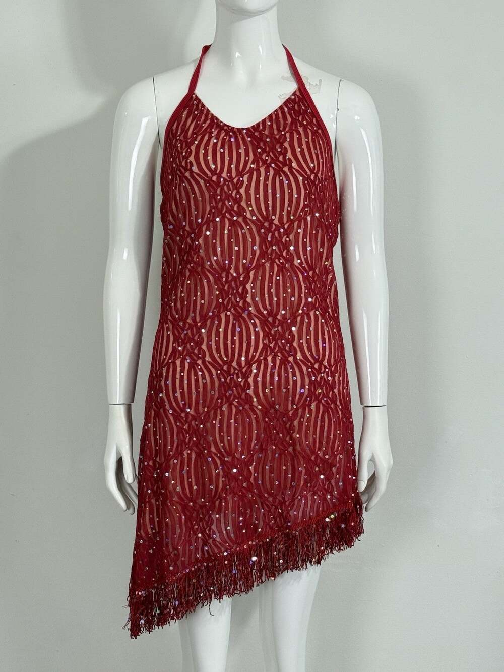 Kelle Red Sequin Dance Dress Halter Fringe Flapper Latin Jazz Salsa Costume L